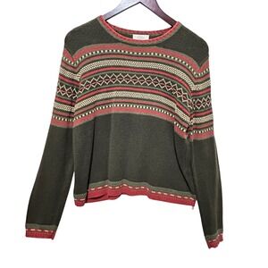 VTG Christopher Banks‎ Women Cropped Sweater L Green Fair Isle New England Cozy